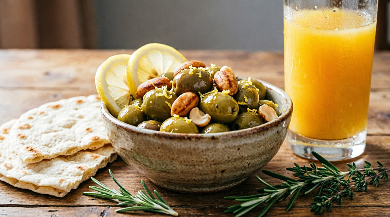 Маринованные оливки и орехи макадамия с лимонной цедрой