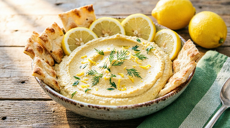 Лимонный хумус с укропом