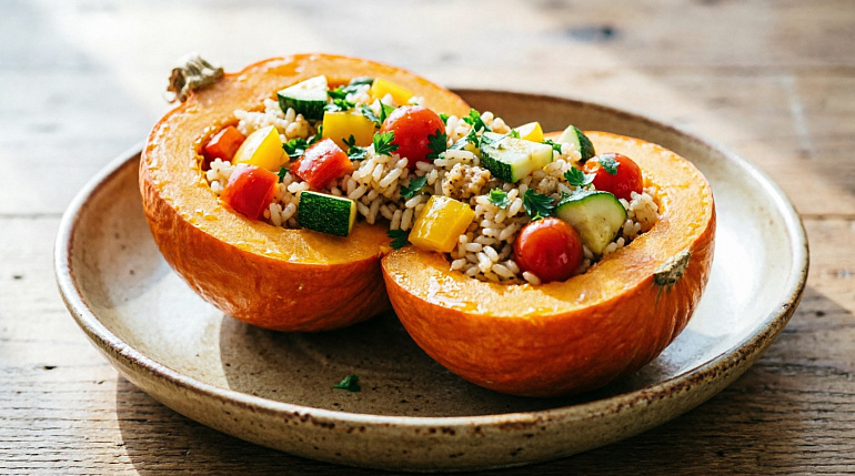 Тыква, фаршированная рисом и овощами